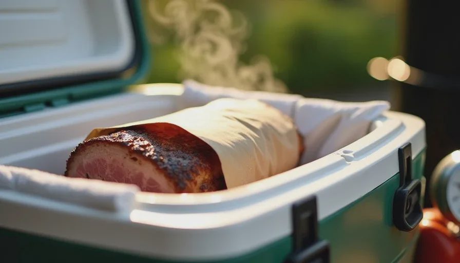 A wrapped brisket resting in an open cooler lined with towels, steam rising as the meat rests, with the offset smoker in the background and a kitchen timer on the counter