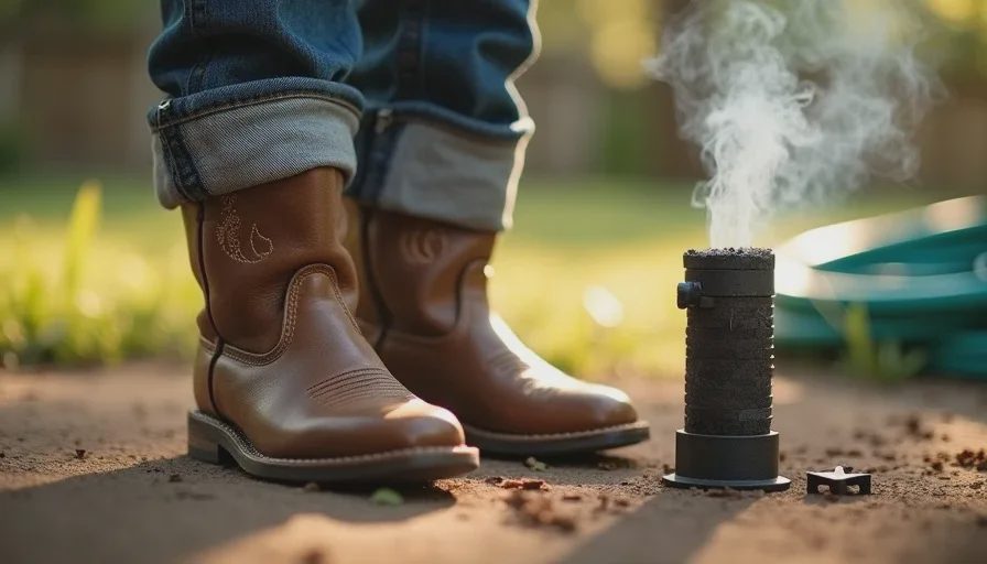 A child's cowboy boots and rolled-up sleeves next to a lit charcoal chimney with a garden hose nearby