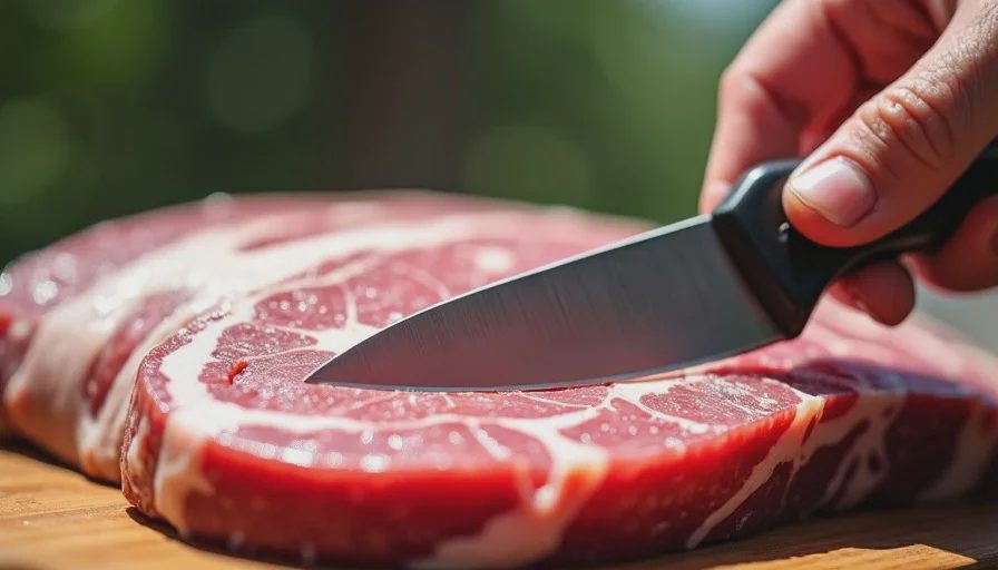 Hand trimming a brisket fat cap to quarter inch with a boning knife