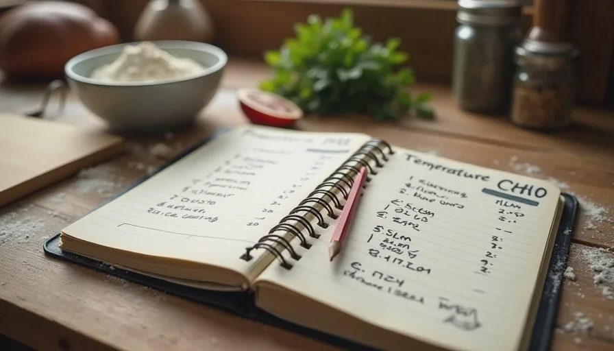 Handwritten brisket temperature notes in a notebook next to a recipe binder on a kitchen counter