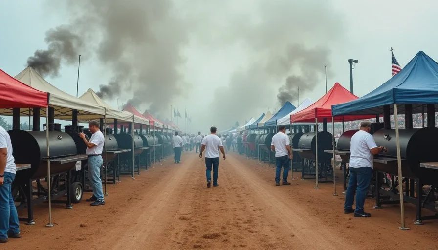Competition BBQ cook-off with multiple smokers and tents, smoke rising
