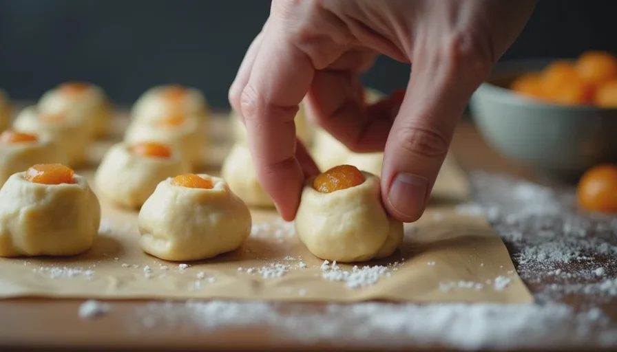 A hand pressing a well into kolache dough balls on a parchment-lined baking sheet