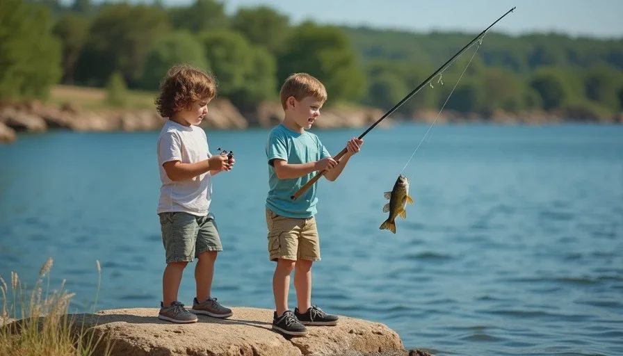 Two children fishing from a rocky point on Lake Travis, reeling in a channel catfish