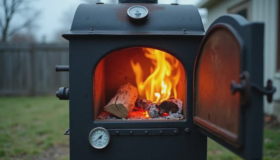 Oak wood burning in the firebox of a cast iron offset smoker at 250 degrees