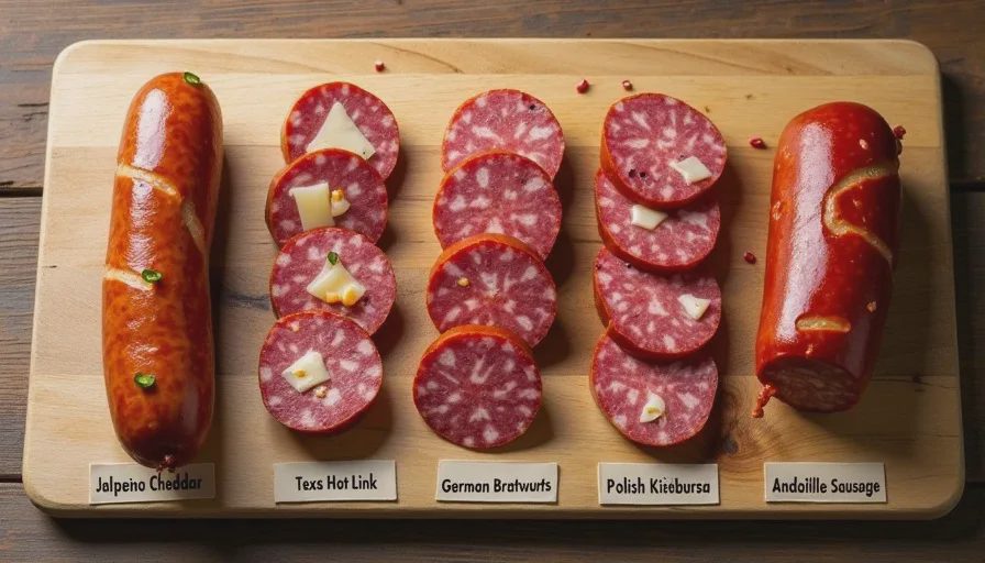 A wooden board displaying five types of smoked sausage coins — jalapeño cheddar, Texas hot links, bratwurst, kielbasa, and andouille — each labeled, arranged in rows for comparison