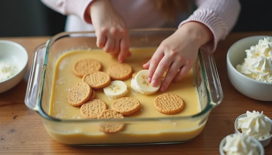 A young girl's hands layering Nilla wafers and banana slices in a 9x13 glass pan, with a bowl of pudding and a bowl of whipped cream nearby, showing the distinct layers building up