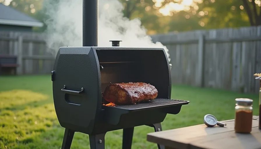 Cast iron offset smoker cooking a brisket in a Texas backyard at dawn