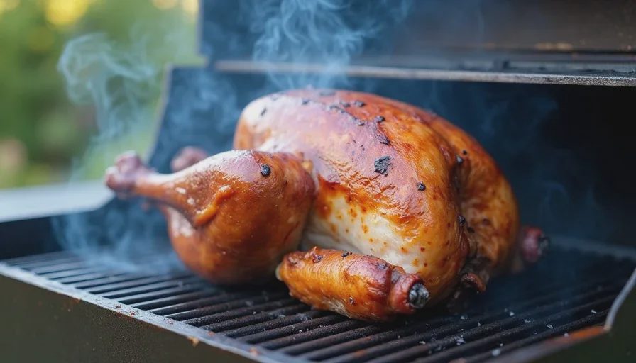 A whole turkey sitting on the grate of an offset smoker with smoke rising around it