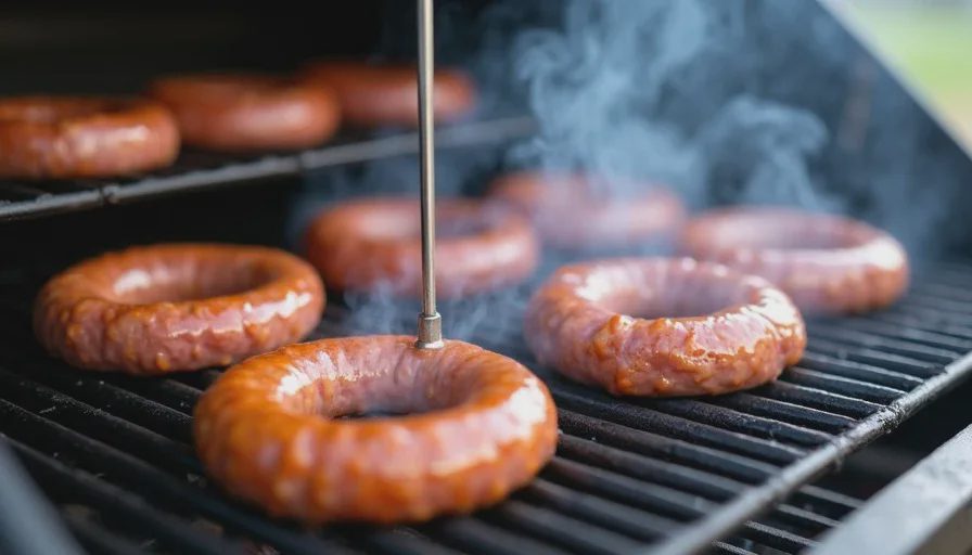 Fresh jalapeño cheddar sausage rings placed on the grate of an offset smoker opposite the firebox, with a probe thermometer inserted into the thickest link and smoke rolling over the meat