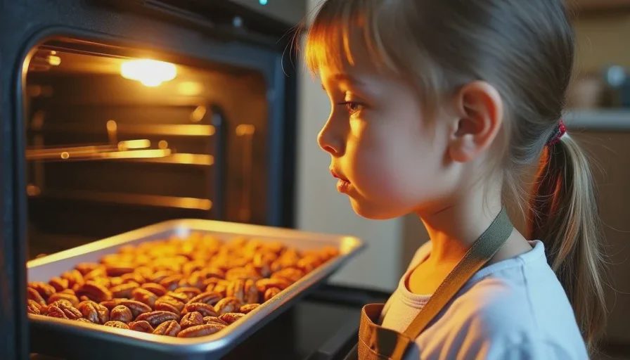 A young girl toasting pecans on a sheet pan in a kitchen oven for pecan pie