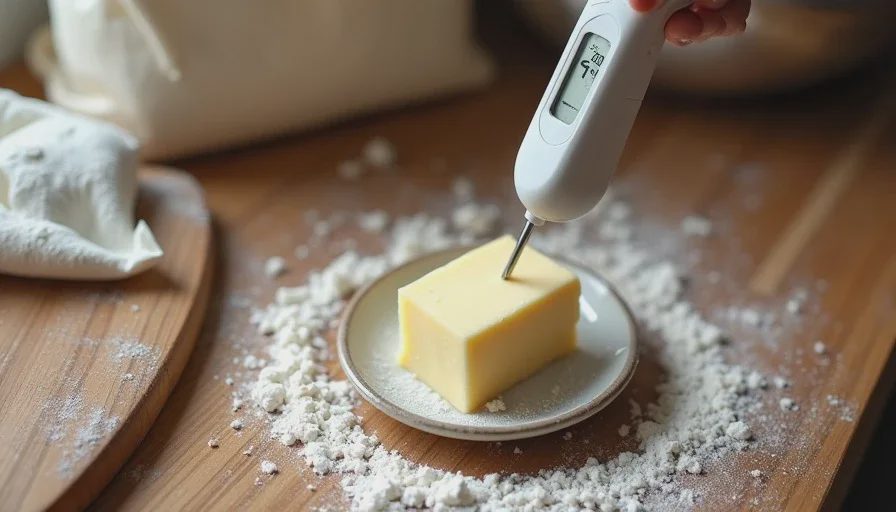 Wireless probe thermometer reading 40 degrees in a stick of butter for pie crust