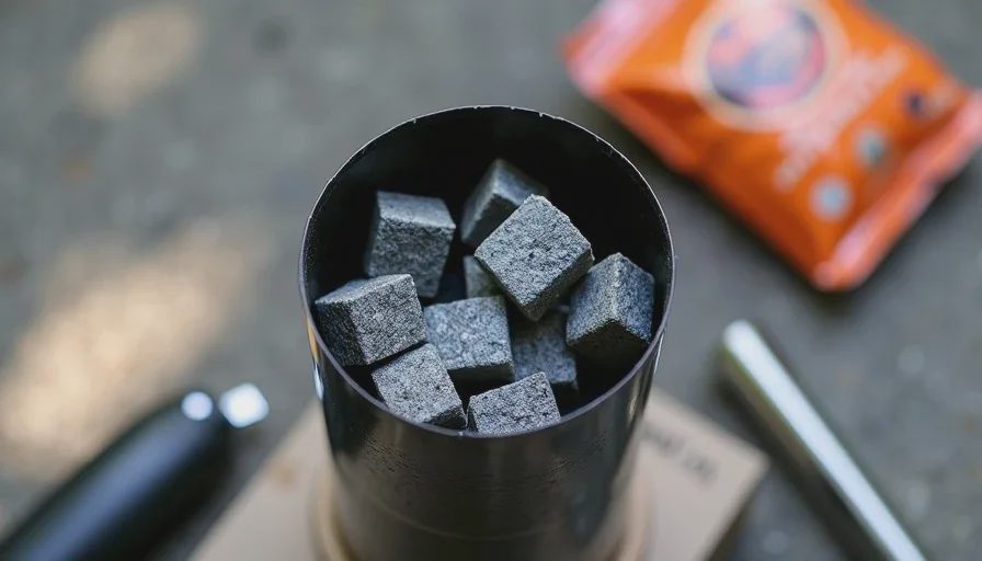 Charcoal chimney starter loaded with briquettes and newspaper underneath on a concrete patio