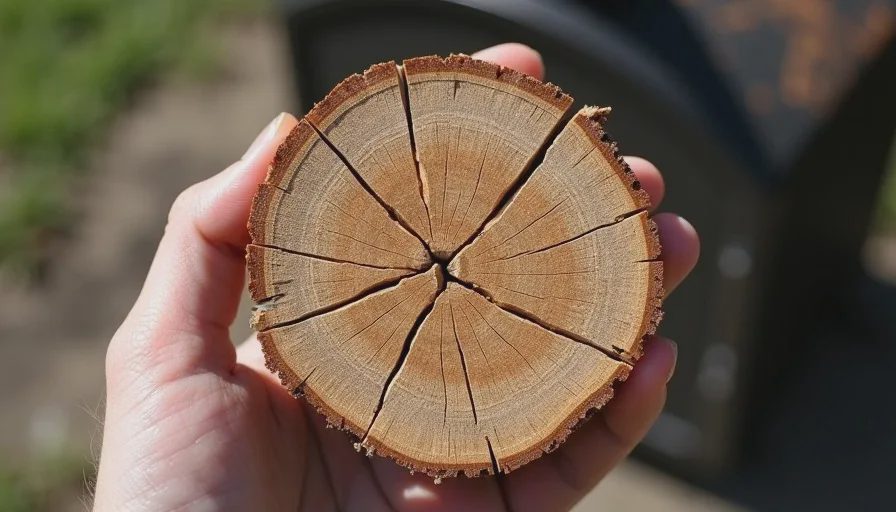 Hand holding a fresh split of seasoned post oak showing end-grain checking cracks