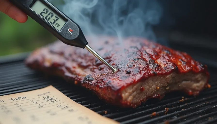 A probe thermometer inserted into a brisket on an offset smoker grate reading 203°F, with smoke rolling over the meat and a handwritten temperature log resting on the firebox