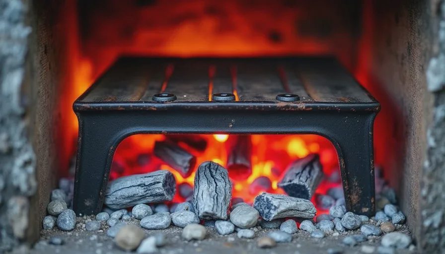 Elevated cast iron grate in an offset smoker firebox allowing airflow under coals