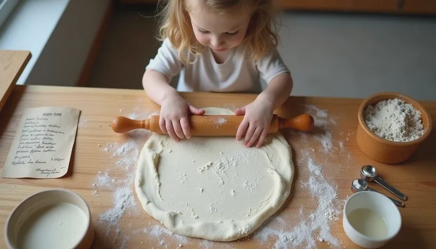Child rolling pie dough on a floured counter next to handwritten recipe binder