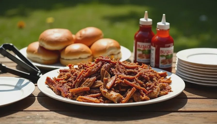 Backyard pulled pork serving station with three sauces buns and paper plates for a crowd