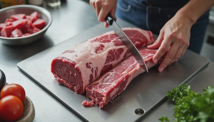 Trimming a brisket fat cap to quarter inch on a stainless steel table