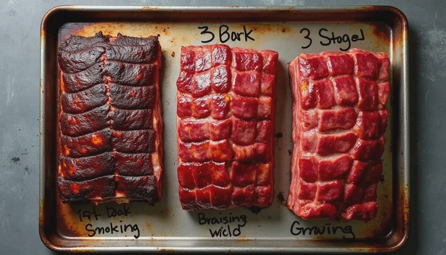 Three racks of ribs showing smoke, wrap, and set phases side by side