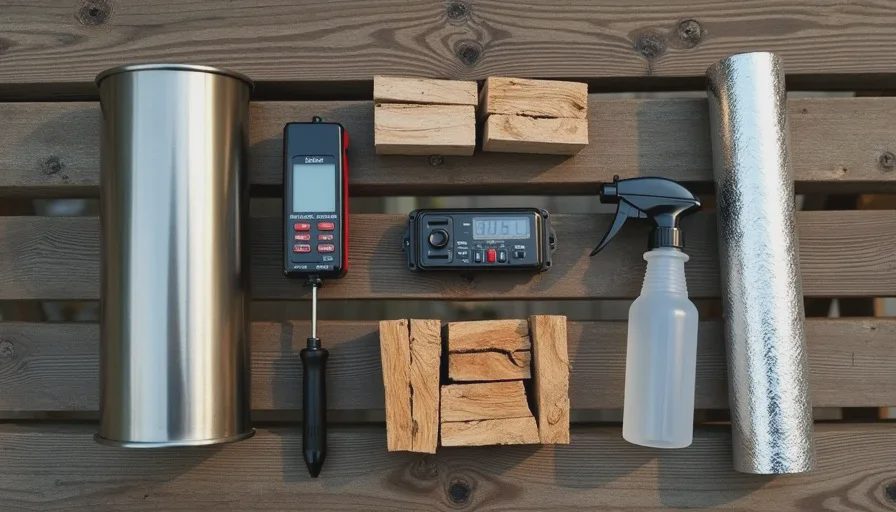 Charcoal chimney, foil roll, probe thermometer, and wood chunks laid out on a table