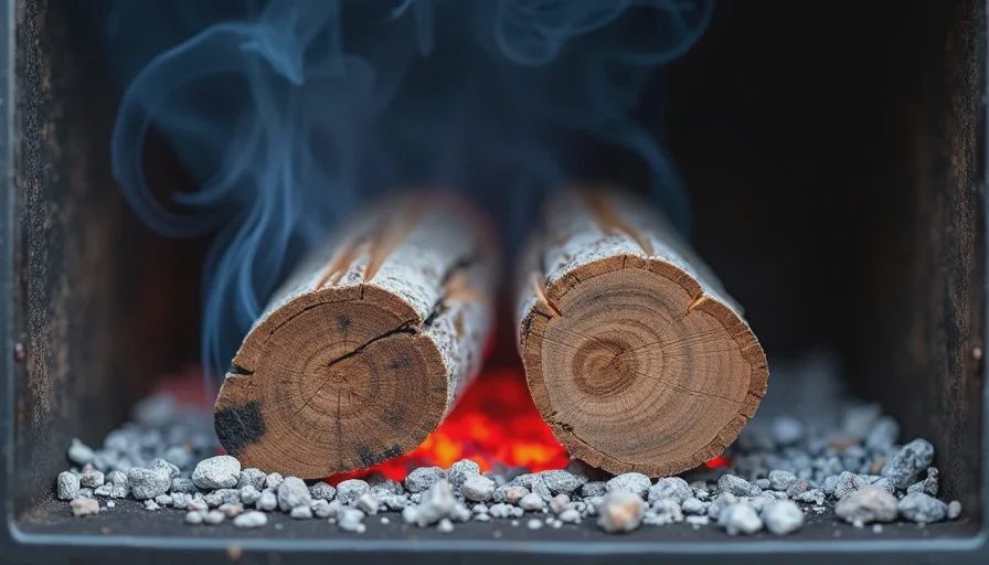 Clean small fire of post oak splits in an offset smoker firebox with thin blue smoke