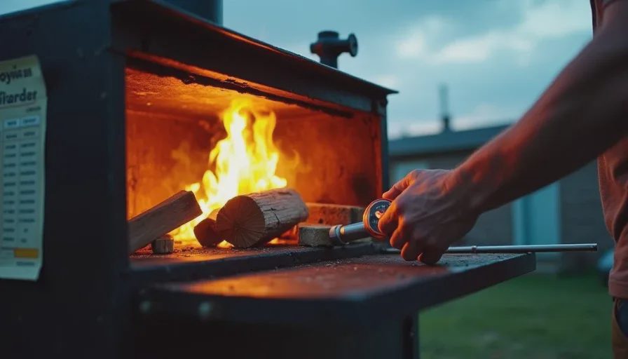 A firebox being loaded with split oak logs at dawn in a Texas backyard, with a probe thermometer resting on the smoker and a football game schedule taped to the side