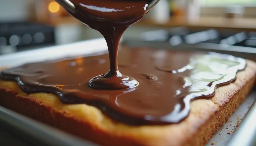 Warm chocolate frosting being poured over a freshly baked Texas sheet cake