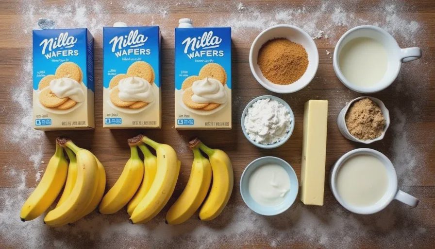 Banana pudding ingredients laid out on a kitchen counter including Nilla wafers, instant vanilla pudding boxes, fresh bananas, milk, heavy cream, powdered sugar, brown sugar, and butter, arranged neatly
