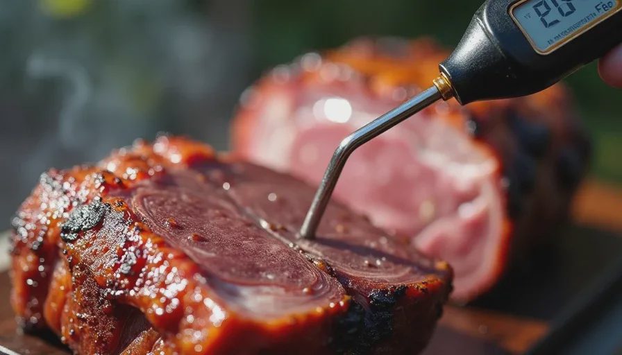 Meat probe thermometer reading 205 degrees in pulled pork shoulder showing bark and smoke ring