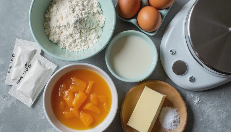 Baking ingredients for kolaches arranged on a kitchen counter with a measuring scale