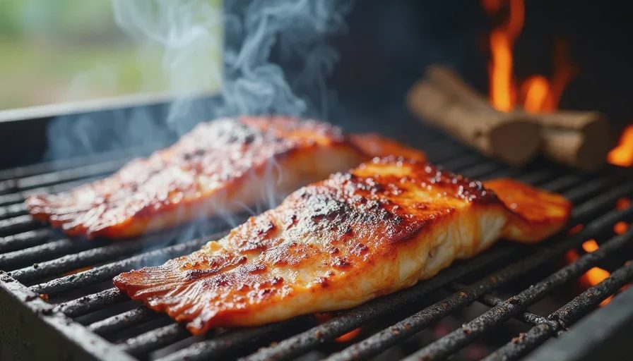 Catfish fillets smoking on an offset smoker grate at 225 degrees with post oak wood
