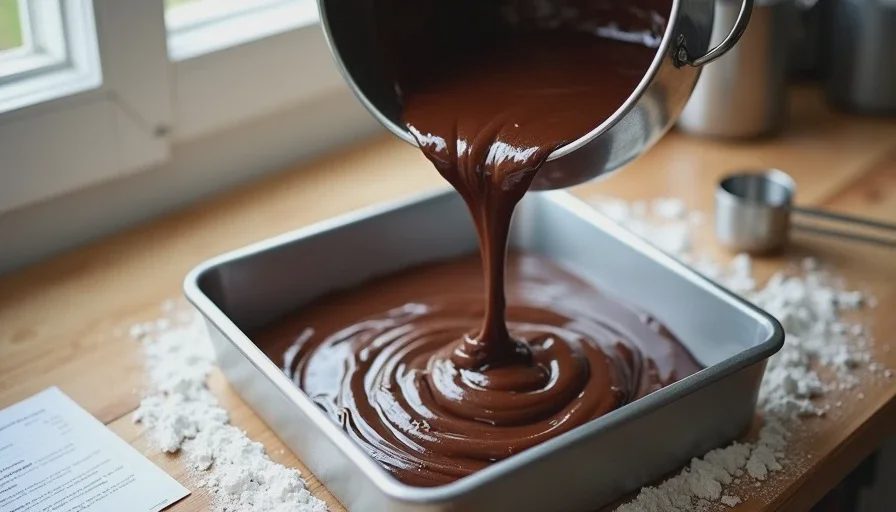 Pouring chocolate sheet cake batter into a greased half-sheet pan
