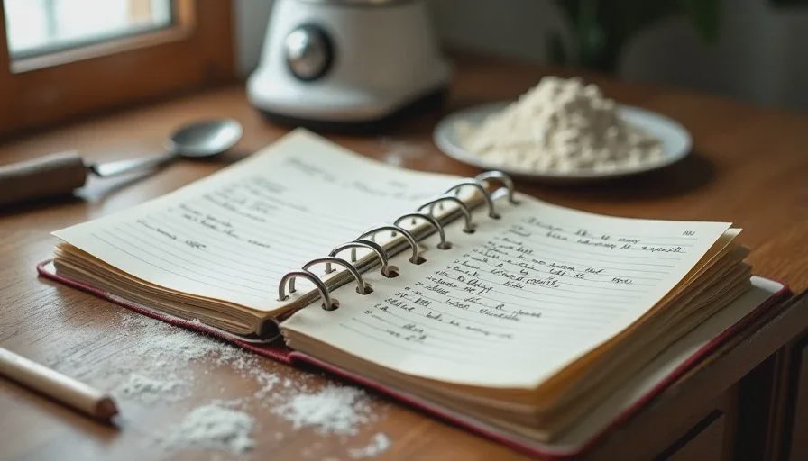 Flour-dusted binder with handwritten recipe cards on a kitchen counter