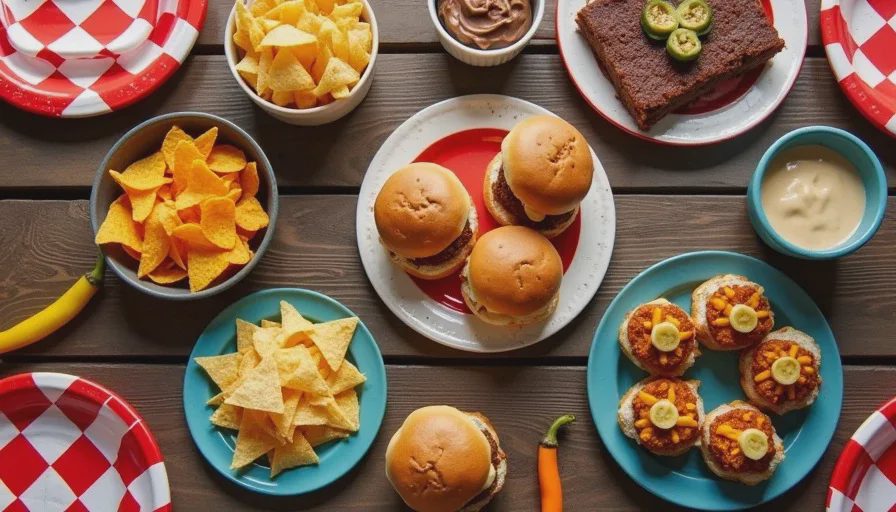 A game-day table split between kids' plates with sliders and chips and adults' plates with brisket sliders and jalapeño poppers, with a Texas sheet cake and banana pudding visible in the background