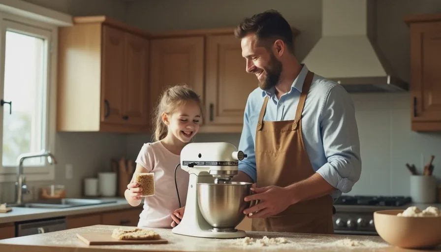 Father and daughter measuring brown sugar and using a stand mixer in a home kitchen
