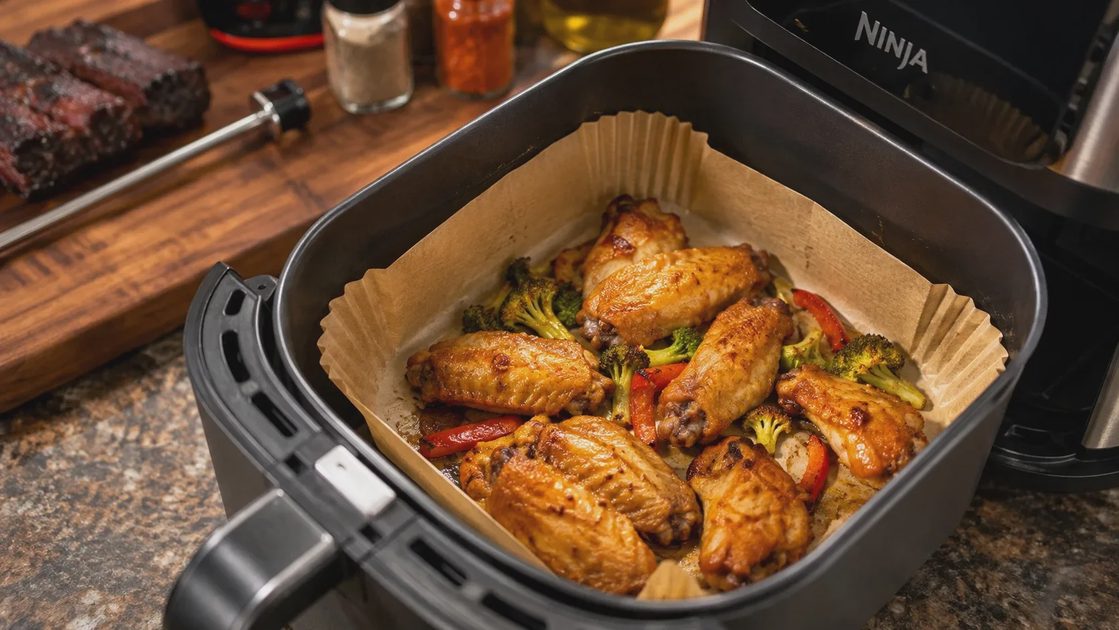 Air fryer paper liners in use with chicken wings for easy cleanup