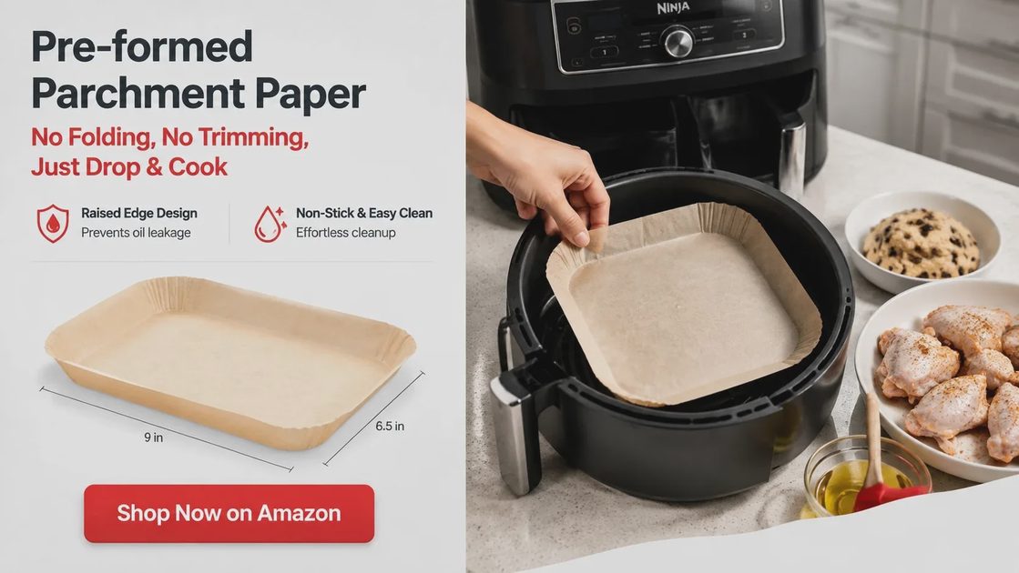 Placing air fryer paper liner into basket before cooking