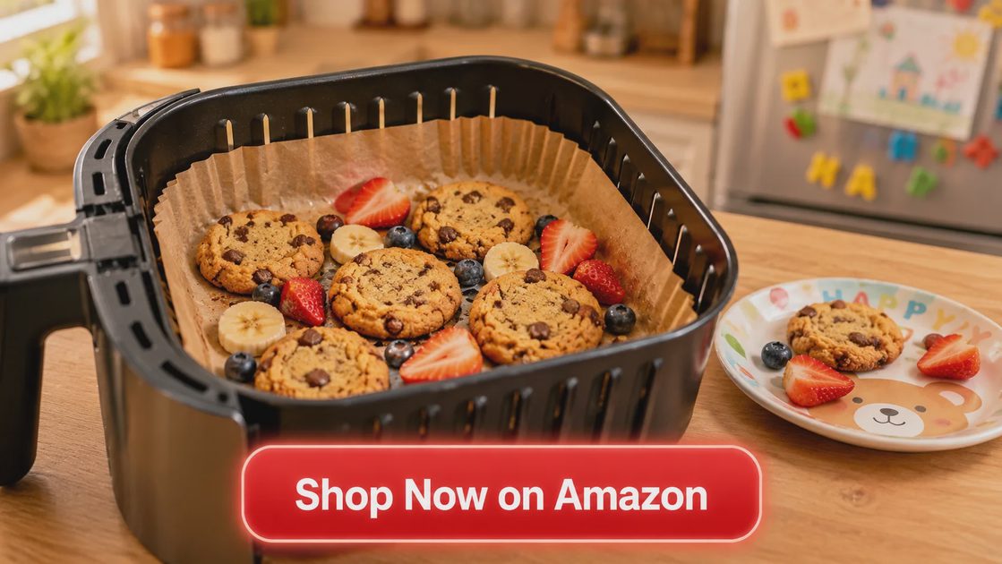 Air fryer paper liners for desserts with cookies in family kitchen