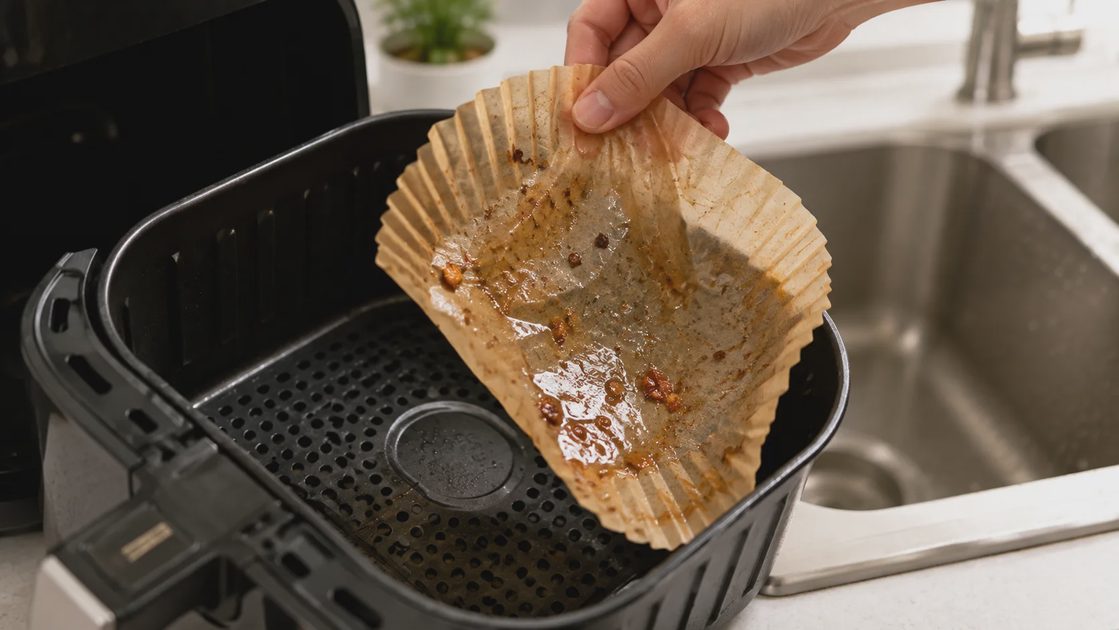 Removing used air fryer paper liners for easy cleanup