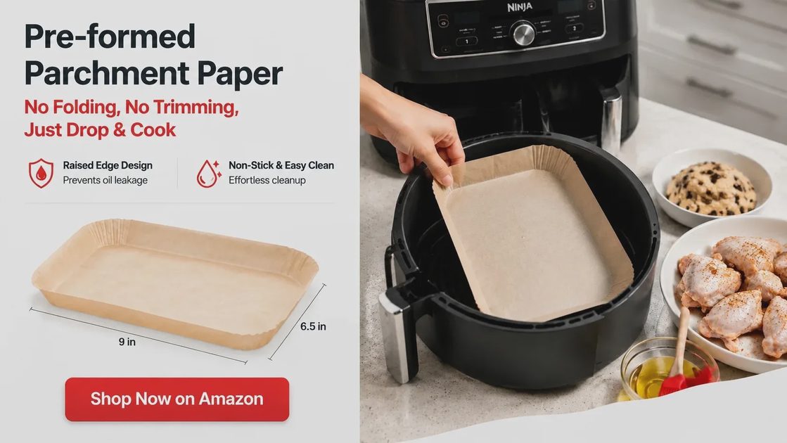 Placing air fryer paper liner into basket before cooking