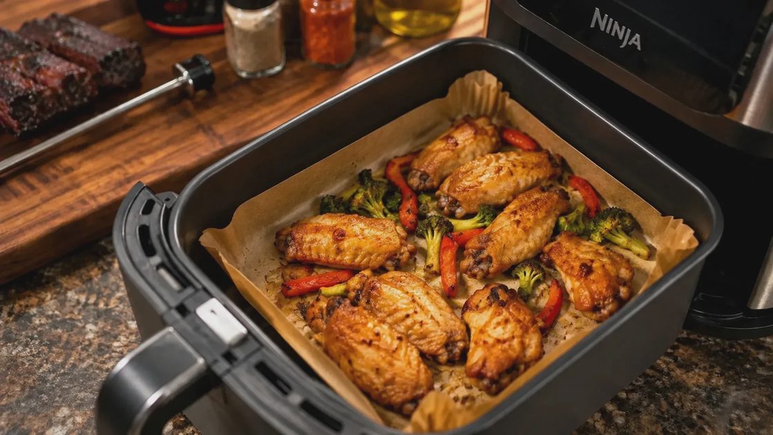 Air fryer paper liners in use with chicken wings for easy cleanup