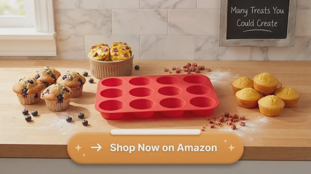 Silicone muffin pan with blueberry muffins egg bites and cornbread