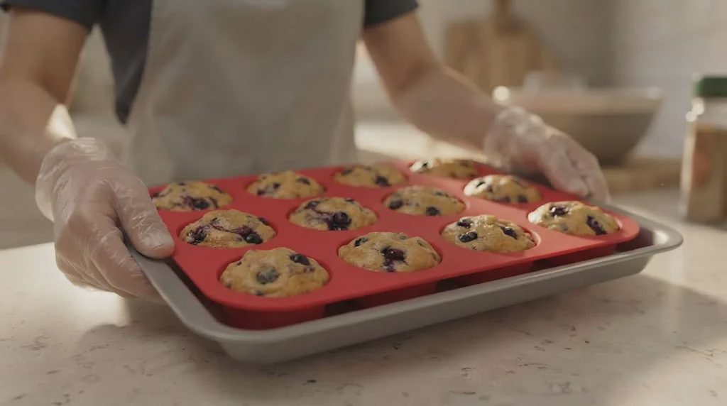 Easy release of blueberry muffins from silicone muffin pans