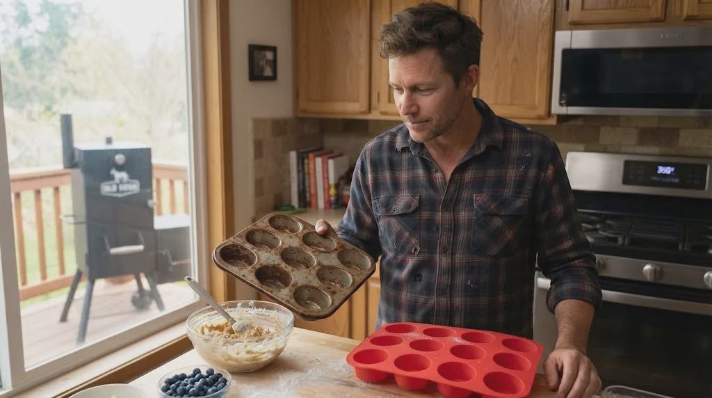 Comparing old rusty muffin tin with silicone muffin pans in Texas kitchen