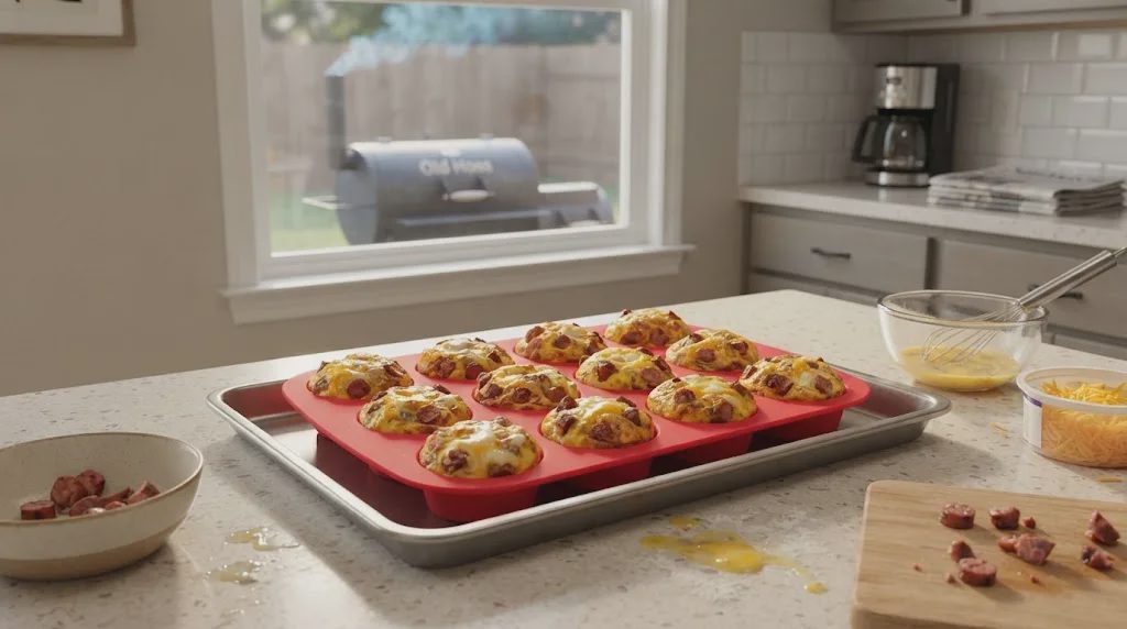 Egg bites with smoked sausage made in silicone muffin pans