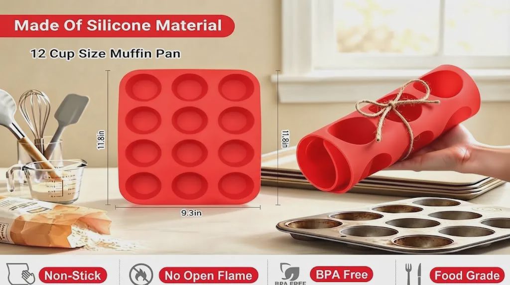 Silicone muffin pans rolled for compact storage in family kitchen